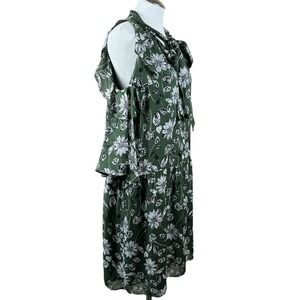 Shoshanna‎ Women's Dress Size 10 Olive Green Floral Cold Shoulder Tie Neck Midi